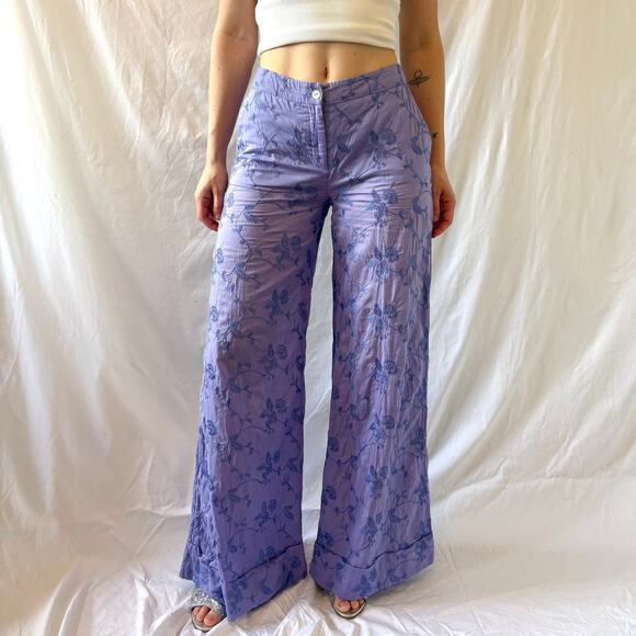 Salvatore Ferragamo Pants - Ferragamo Vintage Purple Embroidered Vintage Wide Leg Palazzo Trousers